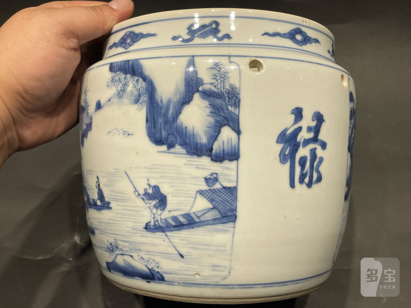 清康熙 青花山水人物故事图粥罐 - 图6